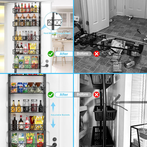 6 Tier Over Door Pantry Organiser with Adjustable Baskets Black