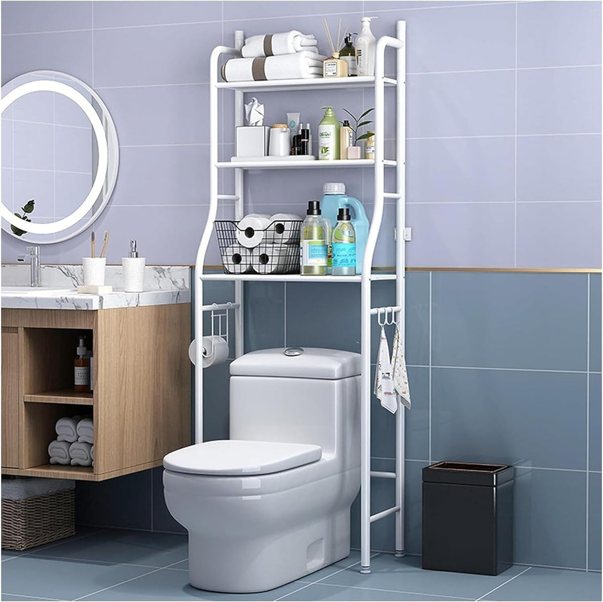 3-Tier Over Toilet Storage Rack with Hooks and Paper Holder