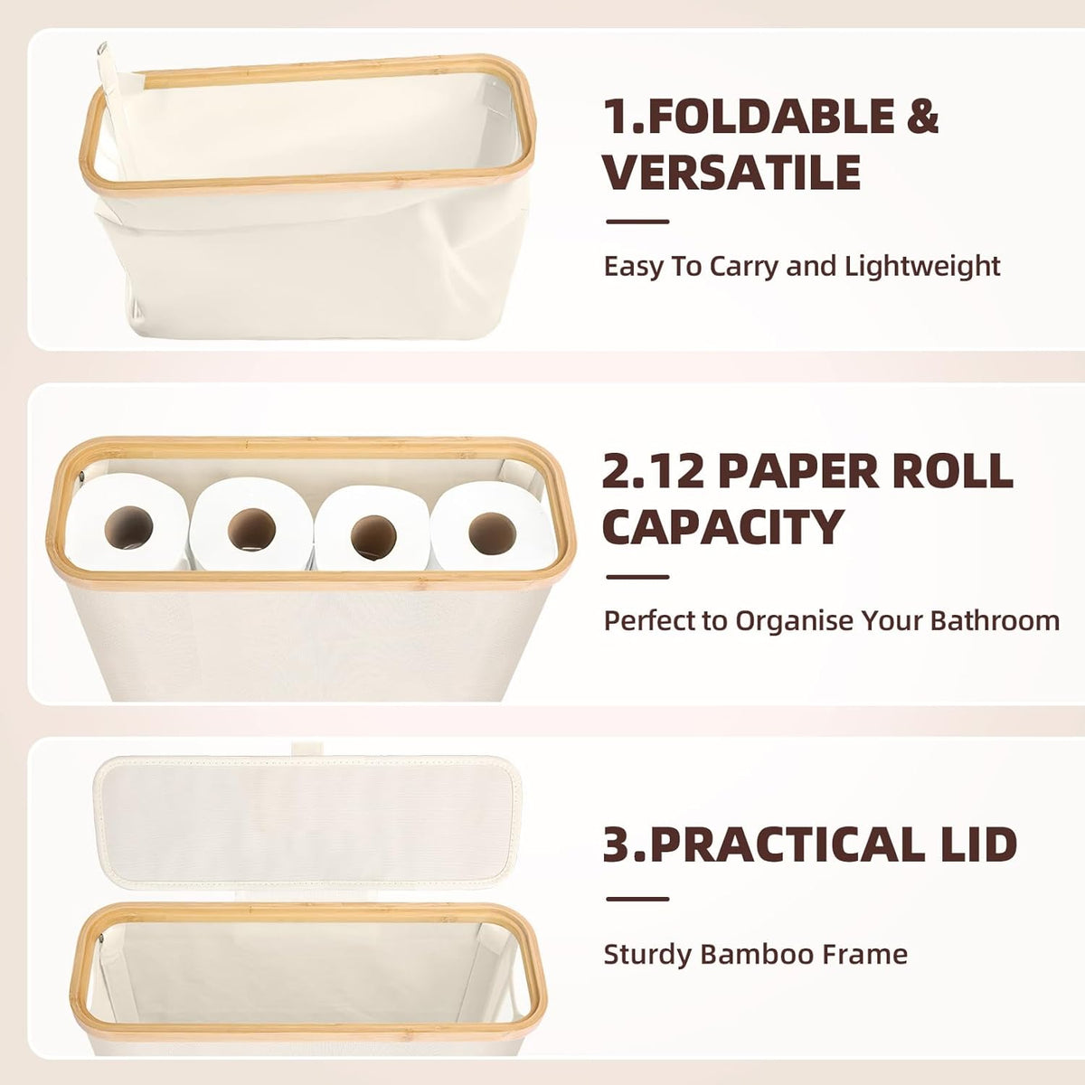 Toilet Paper Storage Basket Holds 12 Rolls with Bamboo Lid