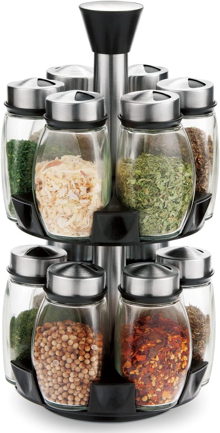 Rotating Spice Rack with 12 Glass Jars for Kitchen Storage