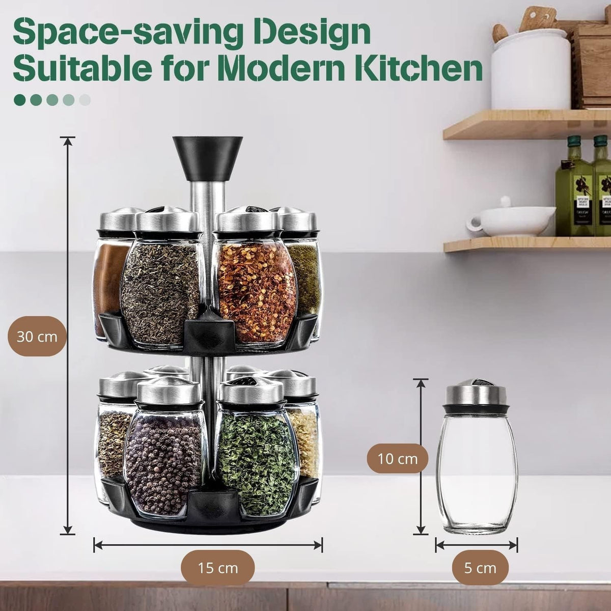Rotating Spice Rack with 12 Glass Jars for Kitchen Storage