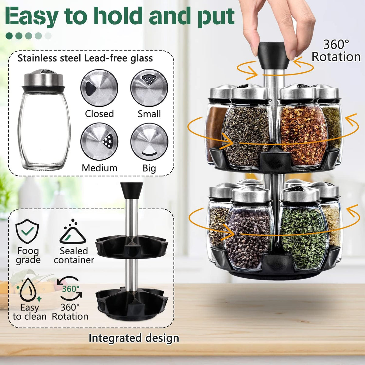 Rotating Spice Rack with 12 Glass Jars for Kitchen Storage