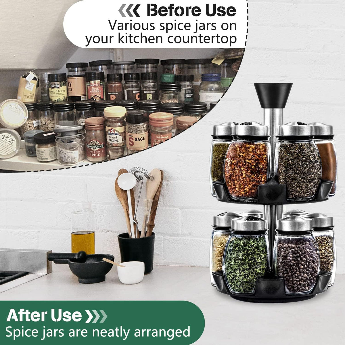 Rotating Spice Rack with 12 Glass Jars for Kitchen Storage