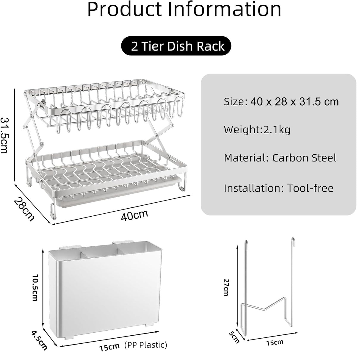 2 Tier Dish Drying Rack with Drain Tray & Utensil Holder for Kitchen