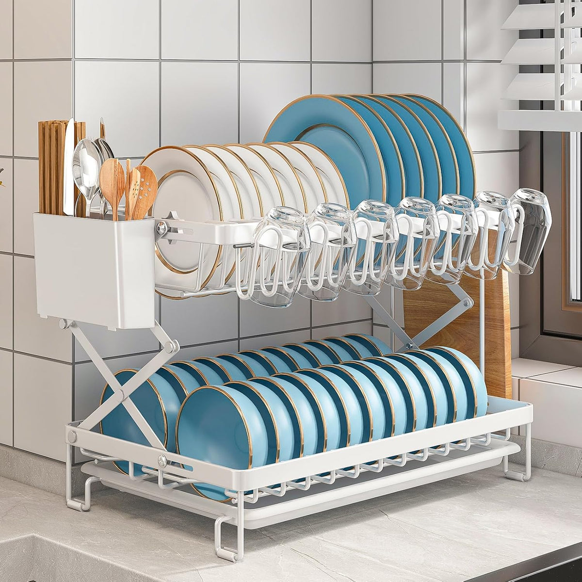 2 Tier Dish Drying Rack with Drain Tray & Utensil Holder for Kitchen