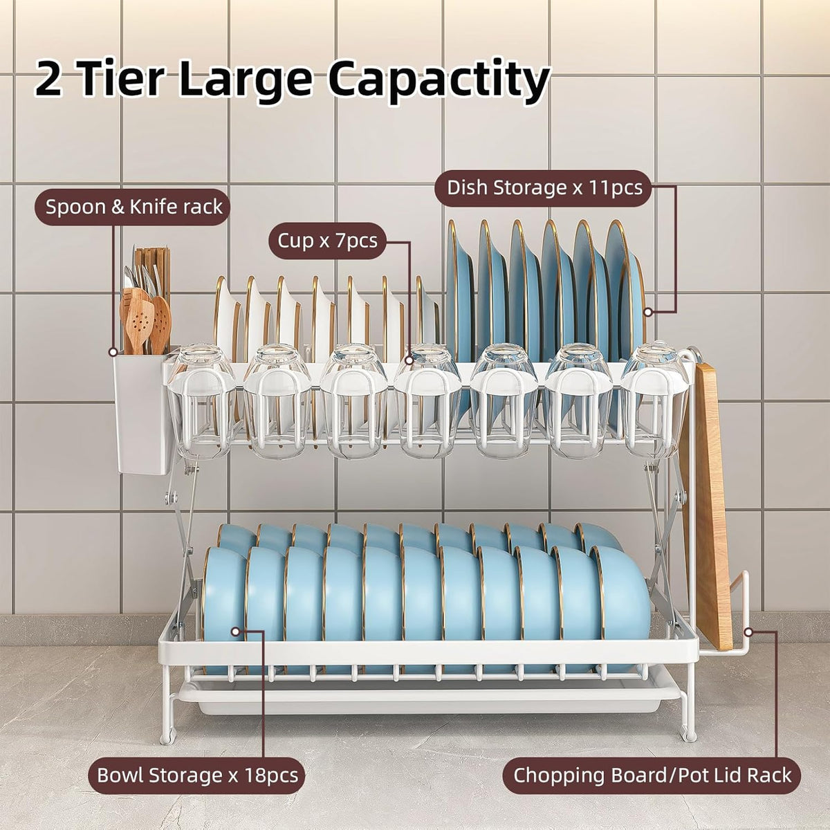 2 Tier Dish Drying Rack with Drain Tray & Utensil Holder for Kitchen