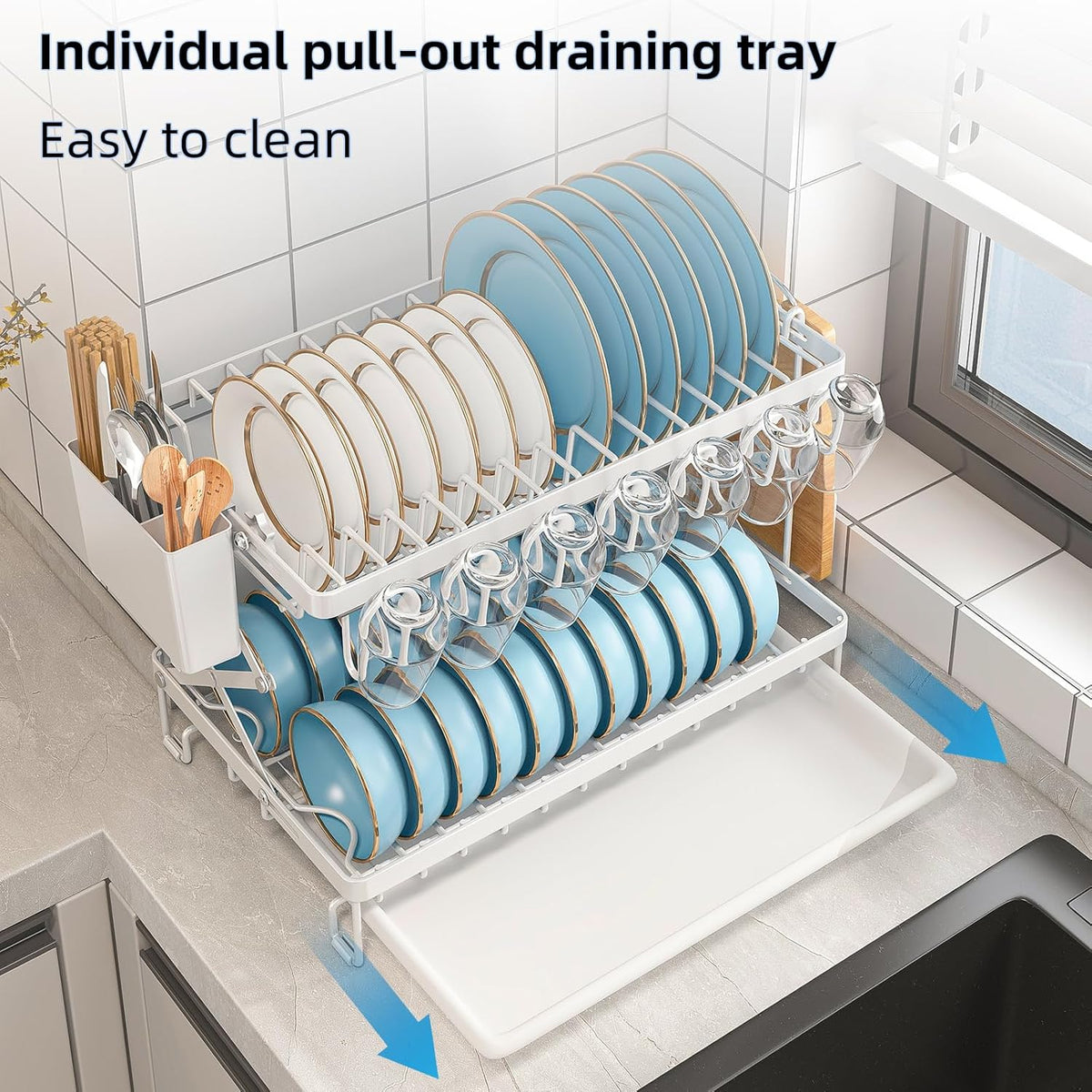 2 Tier Dish Drying Rack with Drain Tray & Utensil Holder for Kitchen