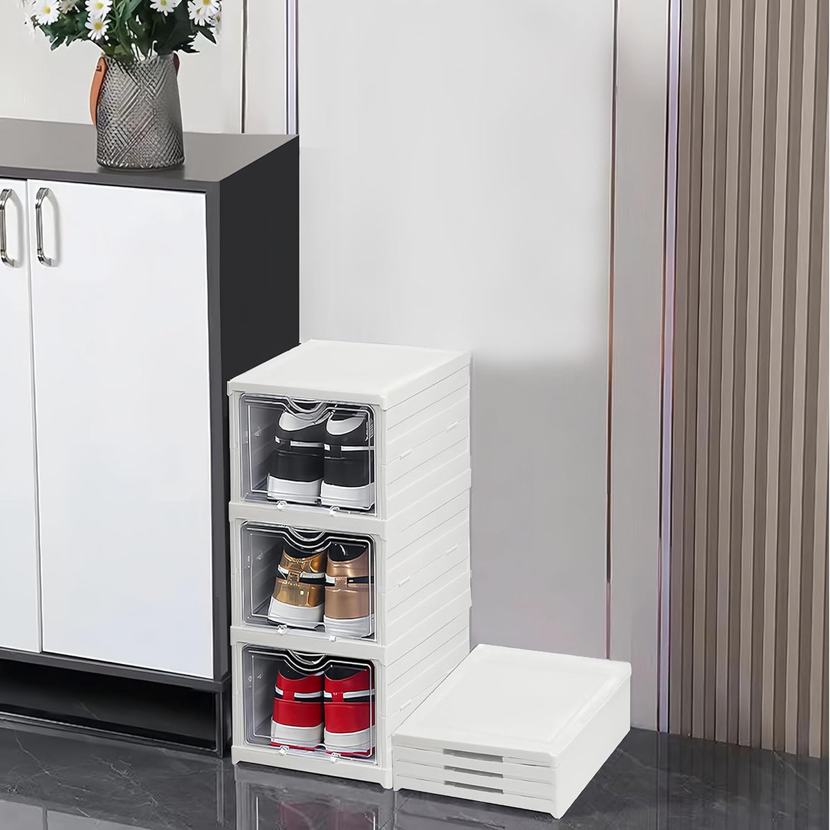 3-Tier Stackable Shoe Storage Box with Clear Door for Closet or Entryway