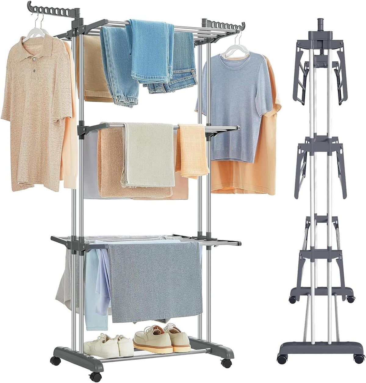 Folding Clothes Drying Rack with Wheels and Adjustable Wings