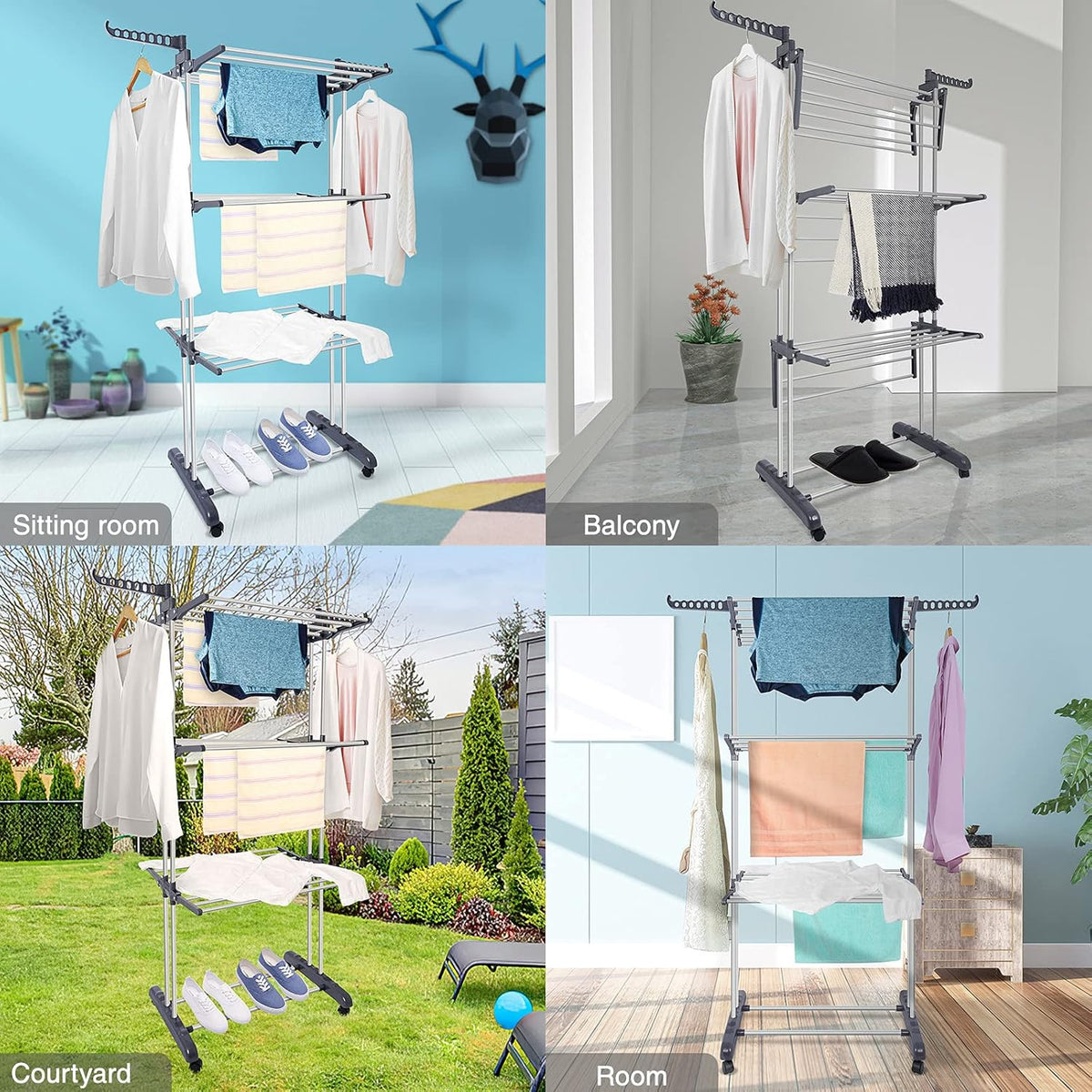 Folding Clothes Drying Rack with Wheels and Adjustable Wings