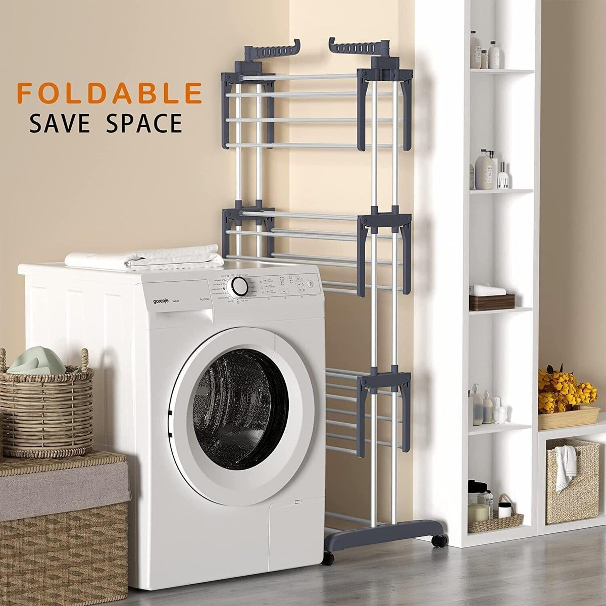 Folding Clothes Drying Rack with Wheels and Adjustable Wings