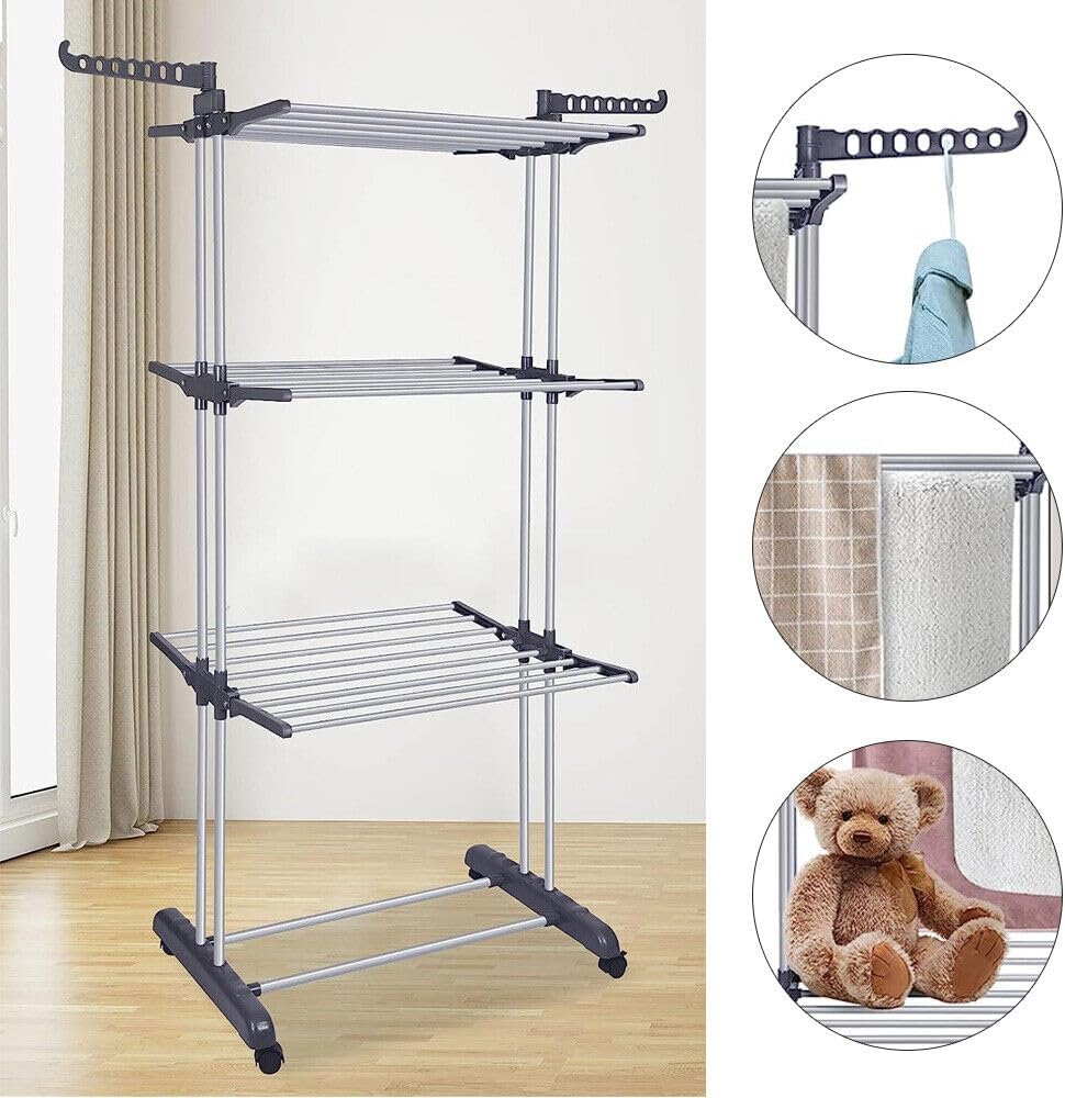 Folding Clothes Drying Rack with Wheels and Adjustable Wings