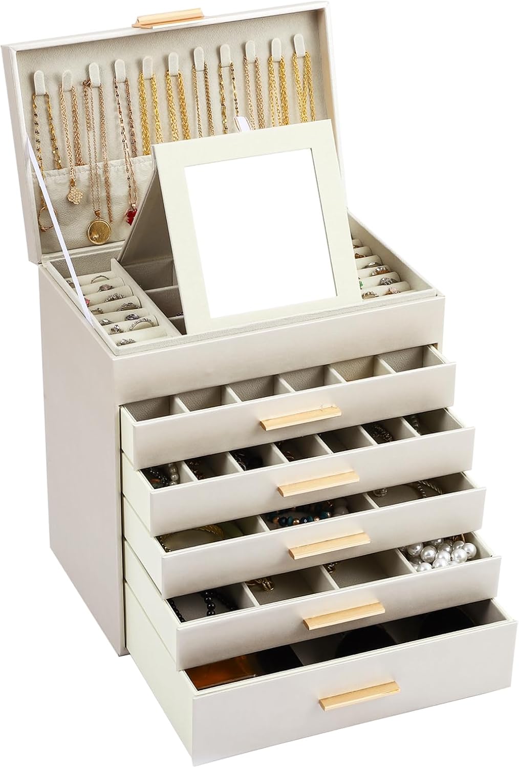 6-Layer Jewellery Box with Mirror & 5 Drawers - White - Jewelry Mirror