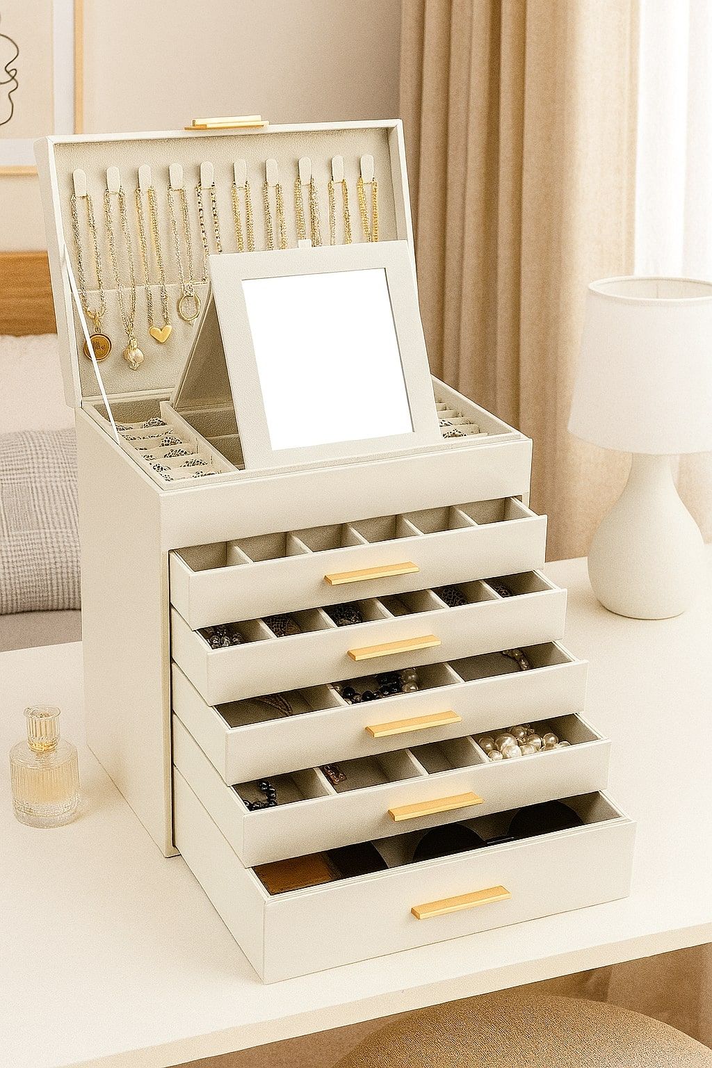 6-Layer Jewellery Box with Mirror & 5 Drawers - White - Jewelry Mirror