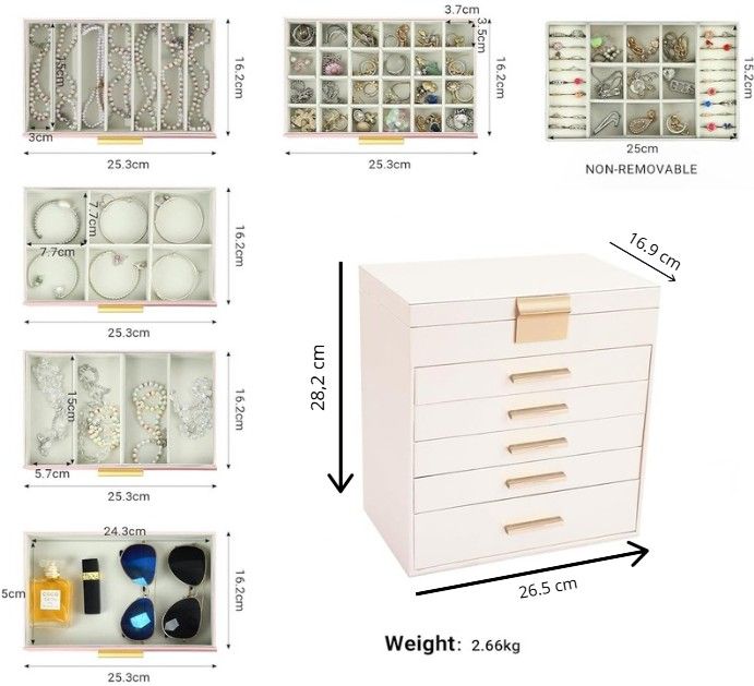 6-Layer Jewellery Box with Mirror & 5 Drawers - White - Jewelry Mirror