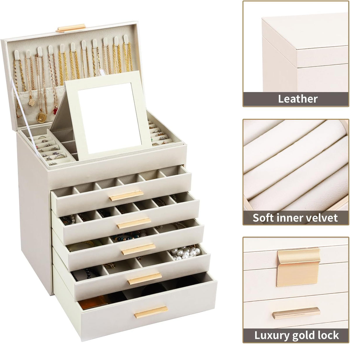 6-Layer Jewellery Box with Mirror & 5 Drawers - White - Jewelry Mirror