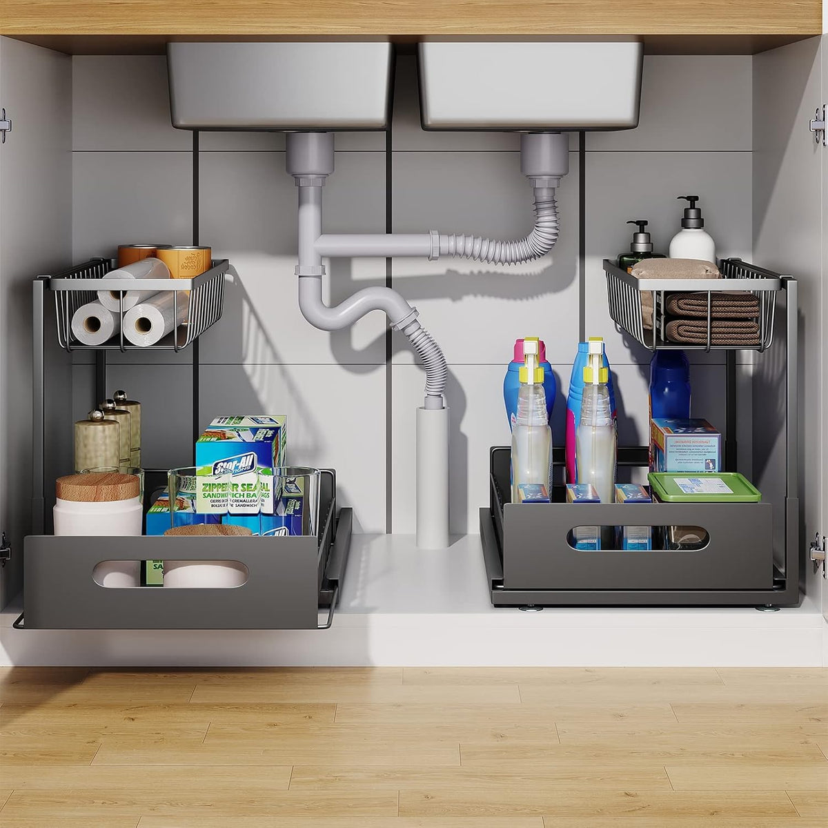 2 Pack Under Sink Organiser with Sliding Drawers - Black