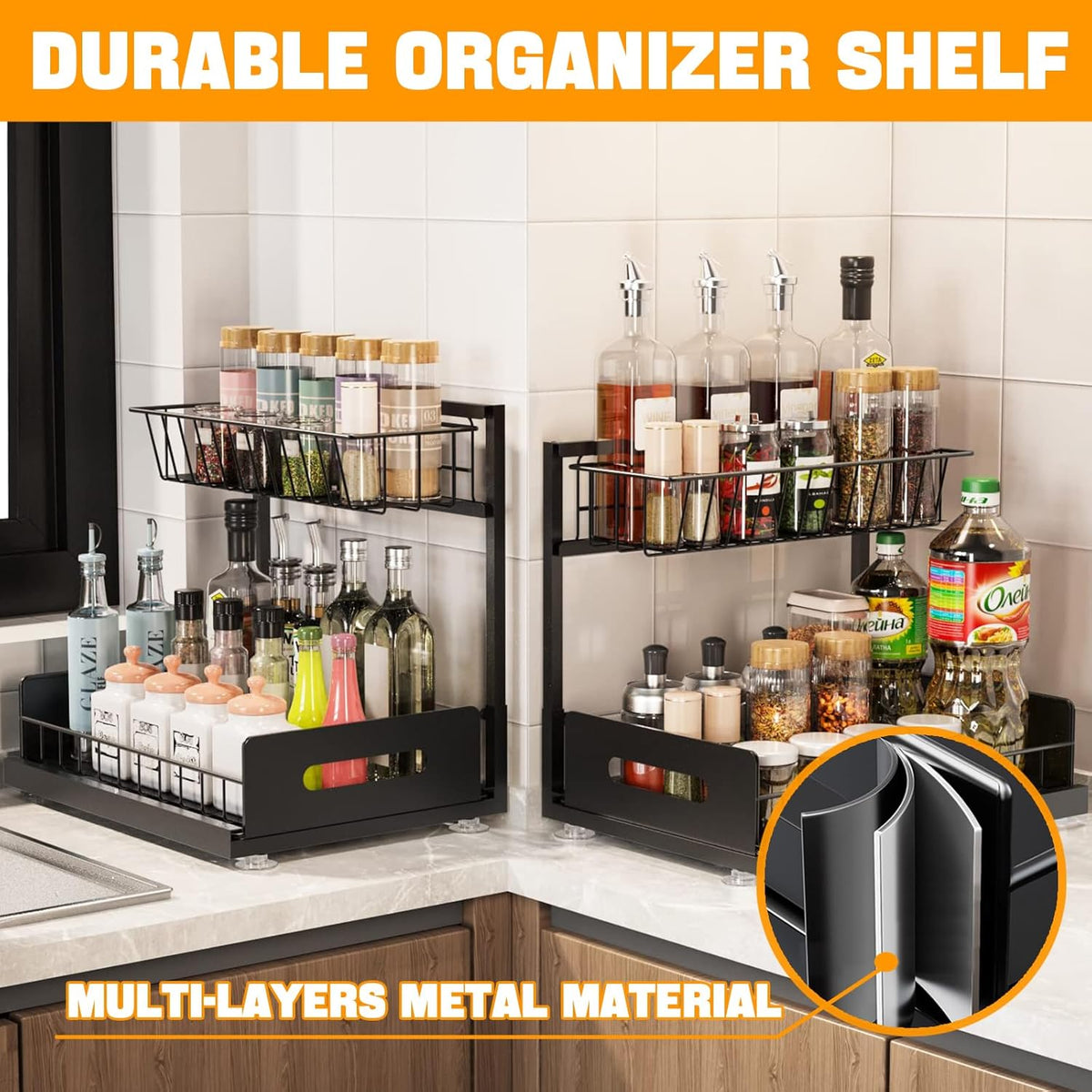 2 Pack Under Sink Organiser with Sliding Drawers - Black