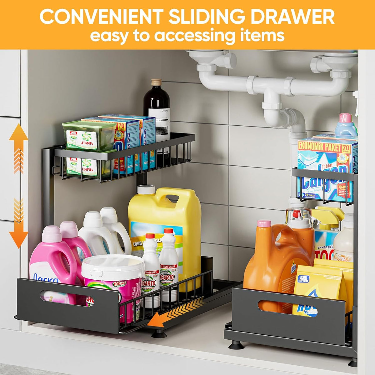 2 Pack Under Sink Organiser with Sliding Drawers - Black