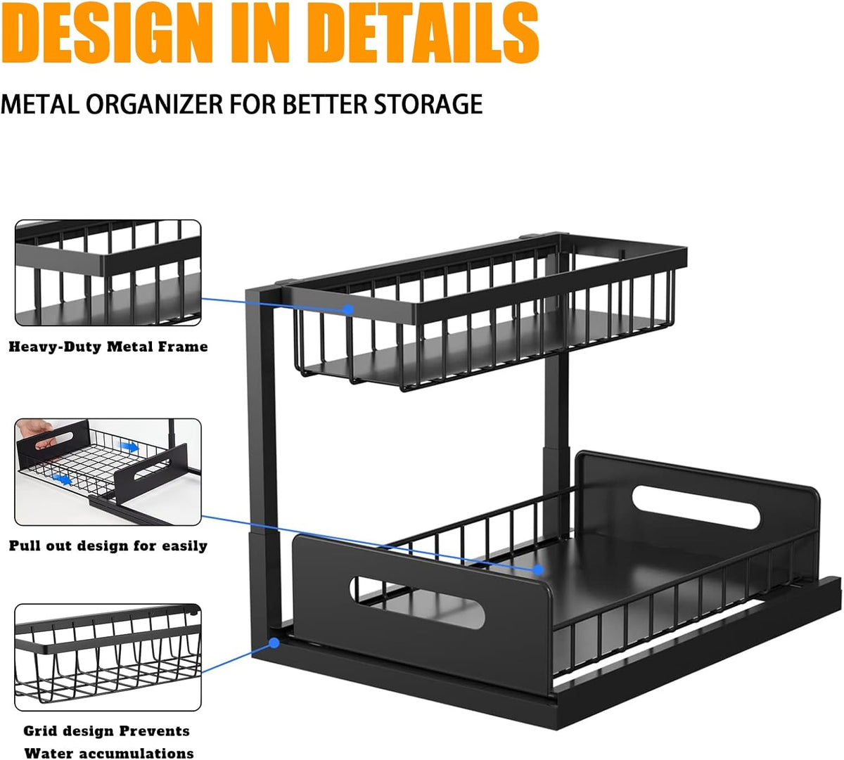 2 Pack Under Sink Organiser with Sliding Drawers - Black