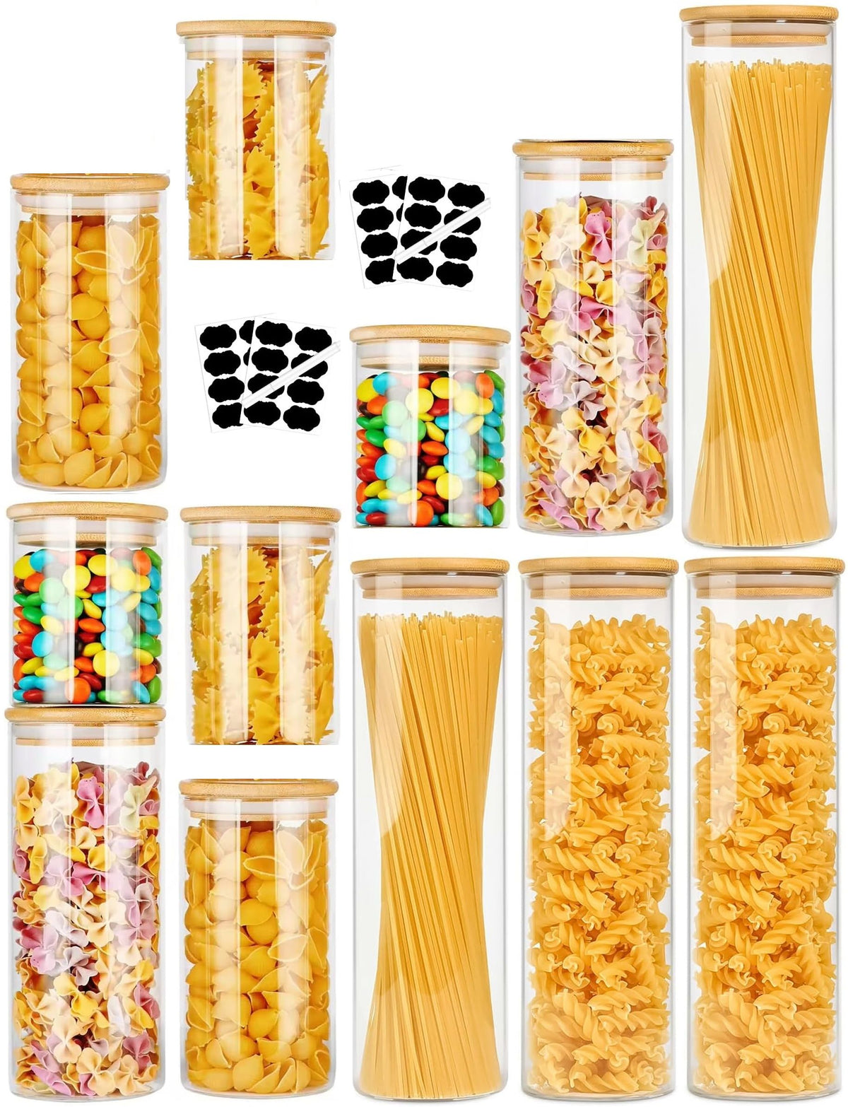 12 Pack Glass Storage Jars with Bamboo Lids for Kitchen Pantry