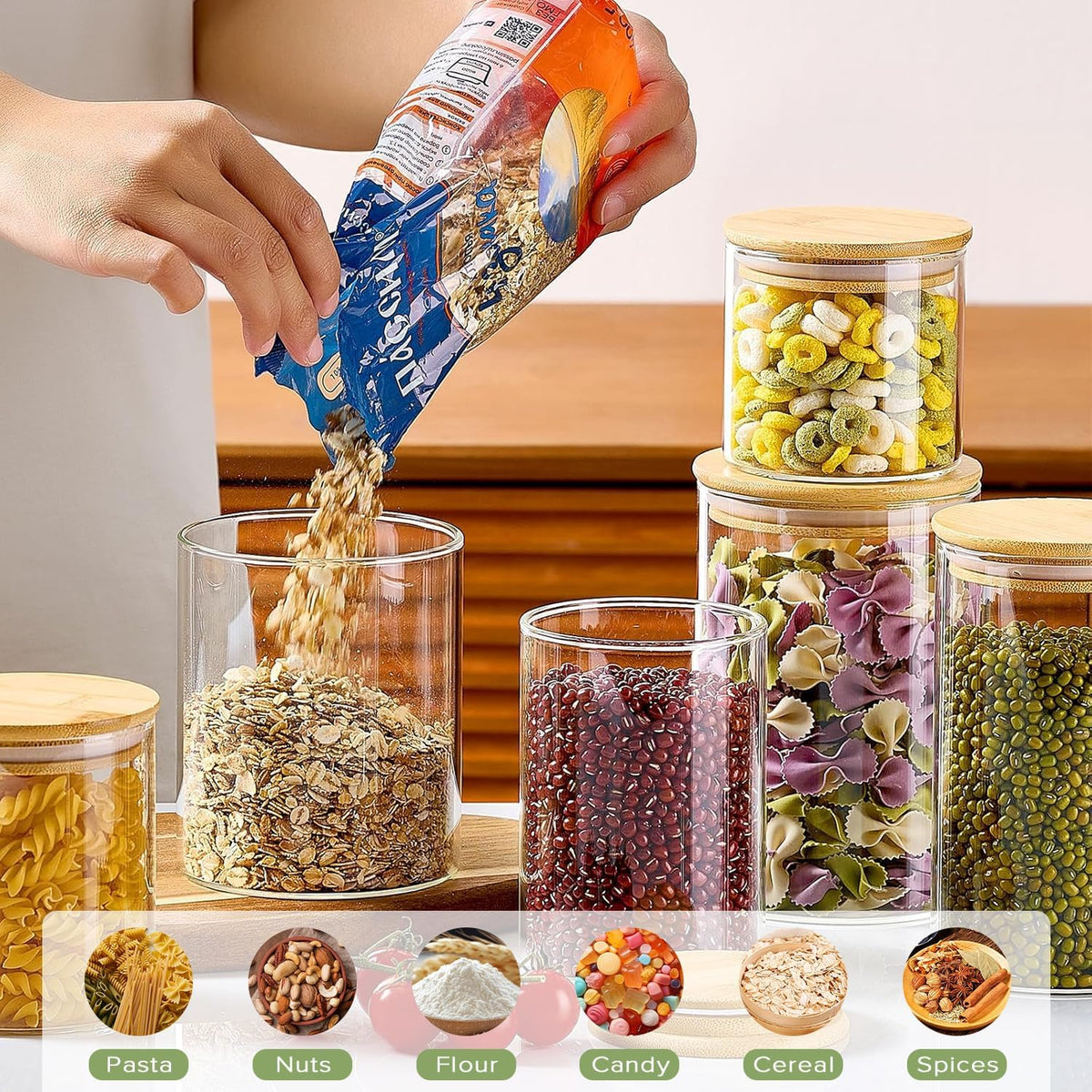 12 Pack Glass Storage Jars with Bamboo Lids for Kitchen Pantry