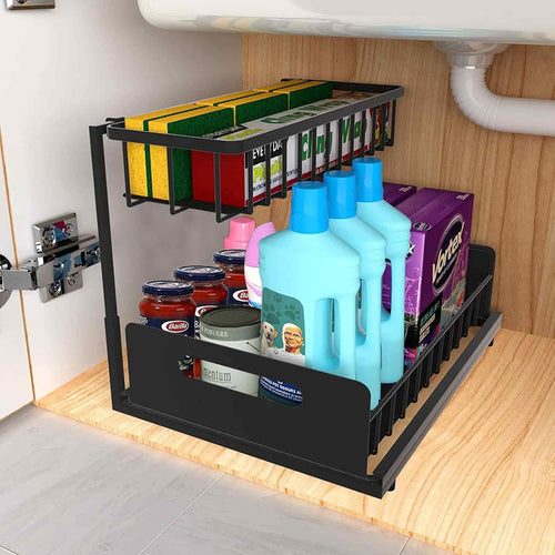 2 Tier Under Sink Organiser with Sliding Drawers - Black
