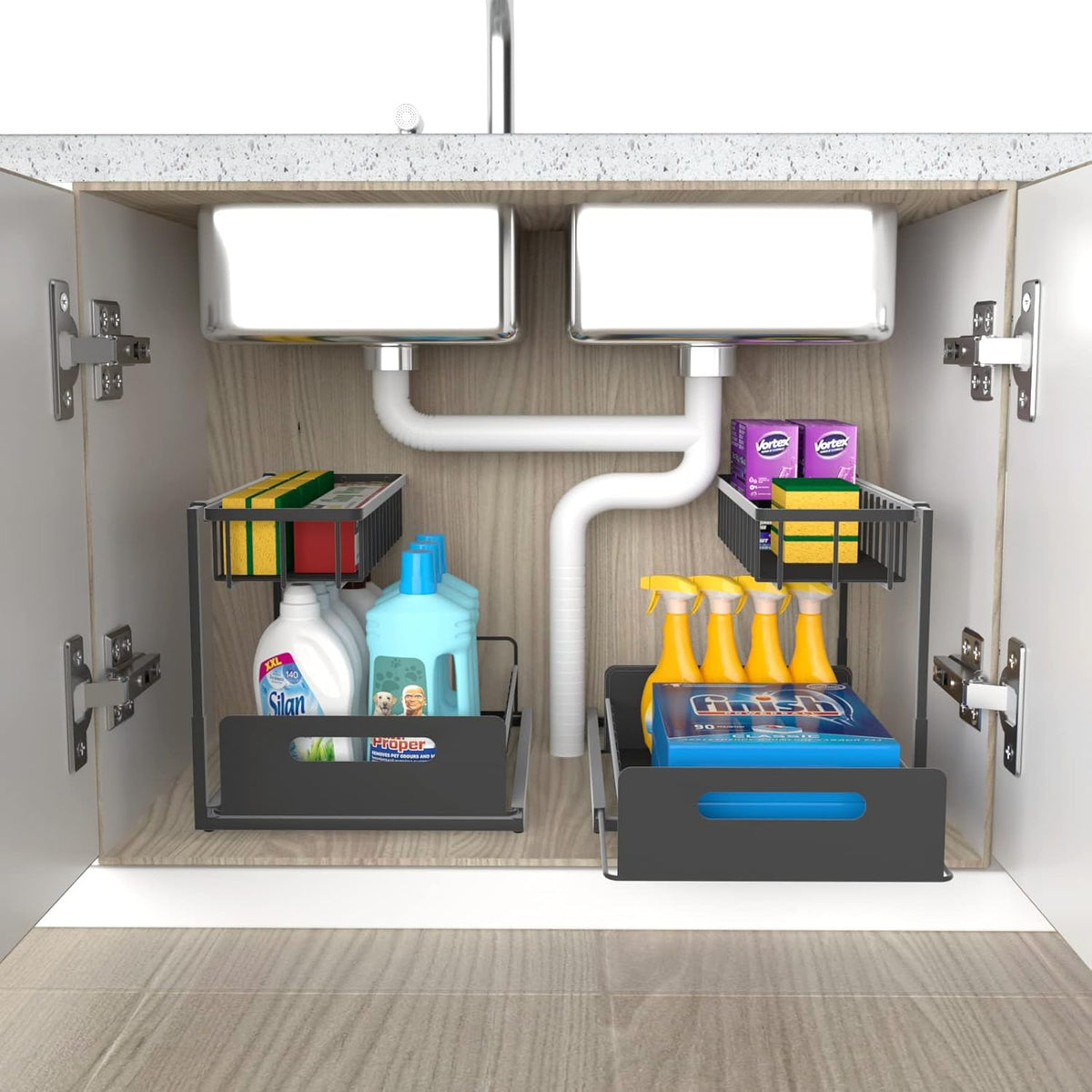 2 Tier Under Sink Organiser with Sliding Drawers - Black