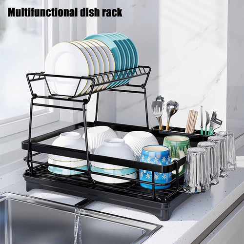 2-Tier Dish Drying Rack for Kitchen Counter with Drainboard & Utensil Holder