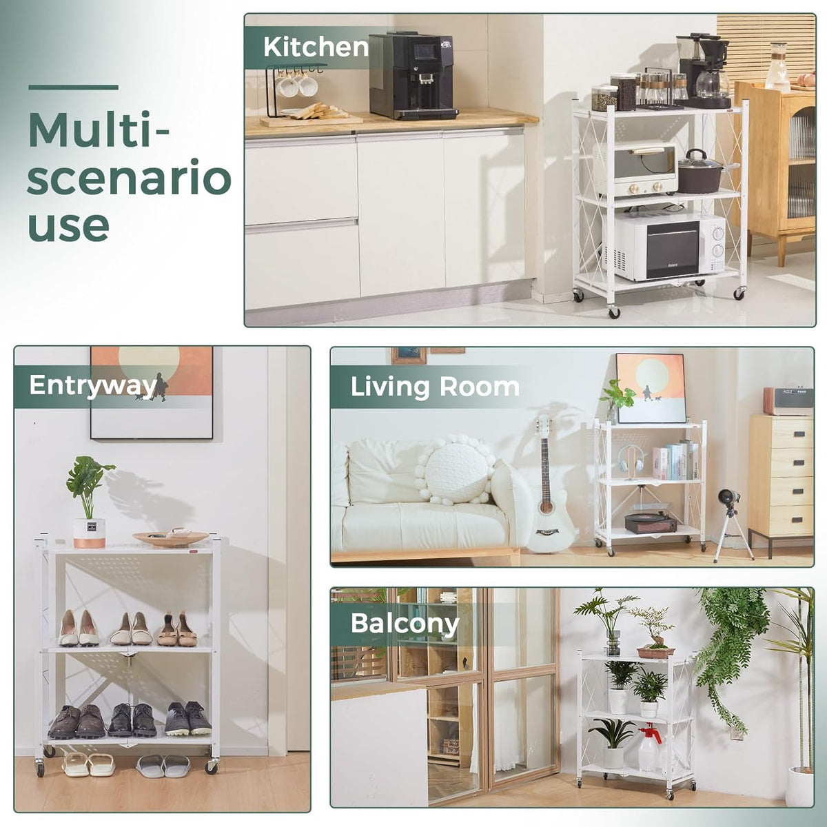 4-Tier Foldable Storage Shelf with Wheels for Kitchen