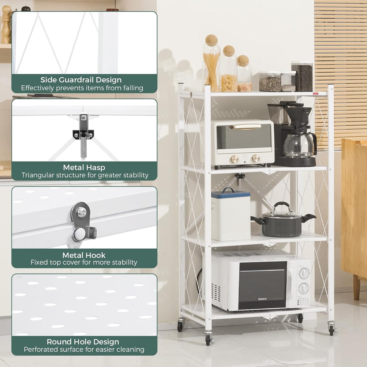 4-Tier Foldable Storage Shelf with Wheels for Kitchen
