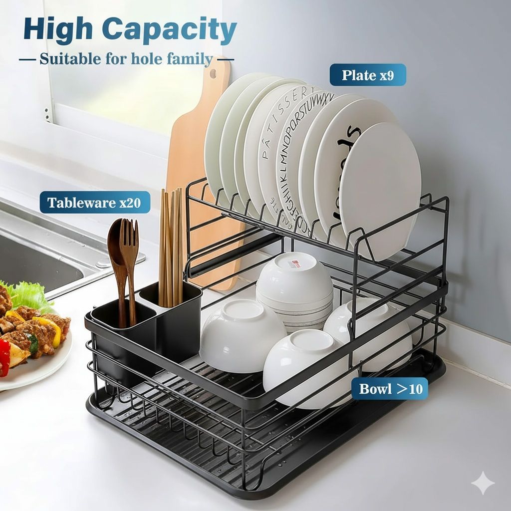 2-Tier Dish Drying Rack with Removable Drip Tray for Kitchen Counter