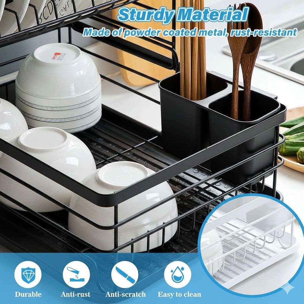 2-Tier Dish Drying Rack with Removable Drip Tray for Kitchen Counter