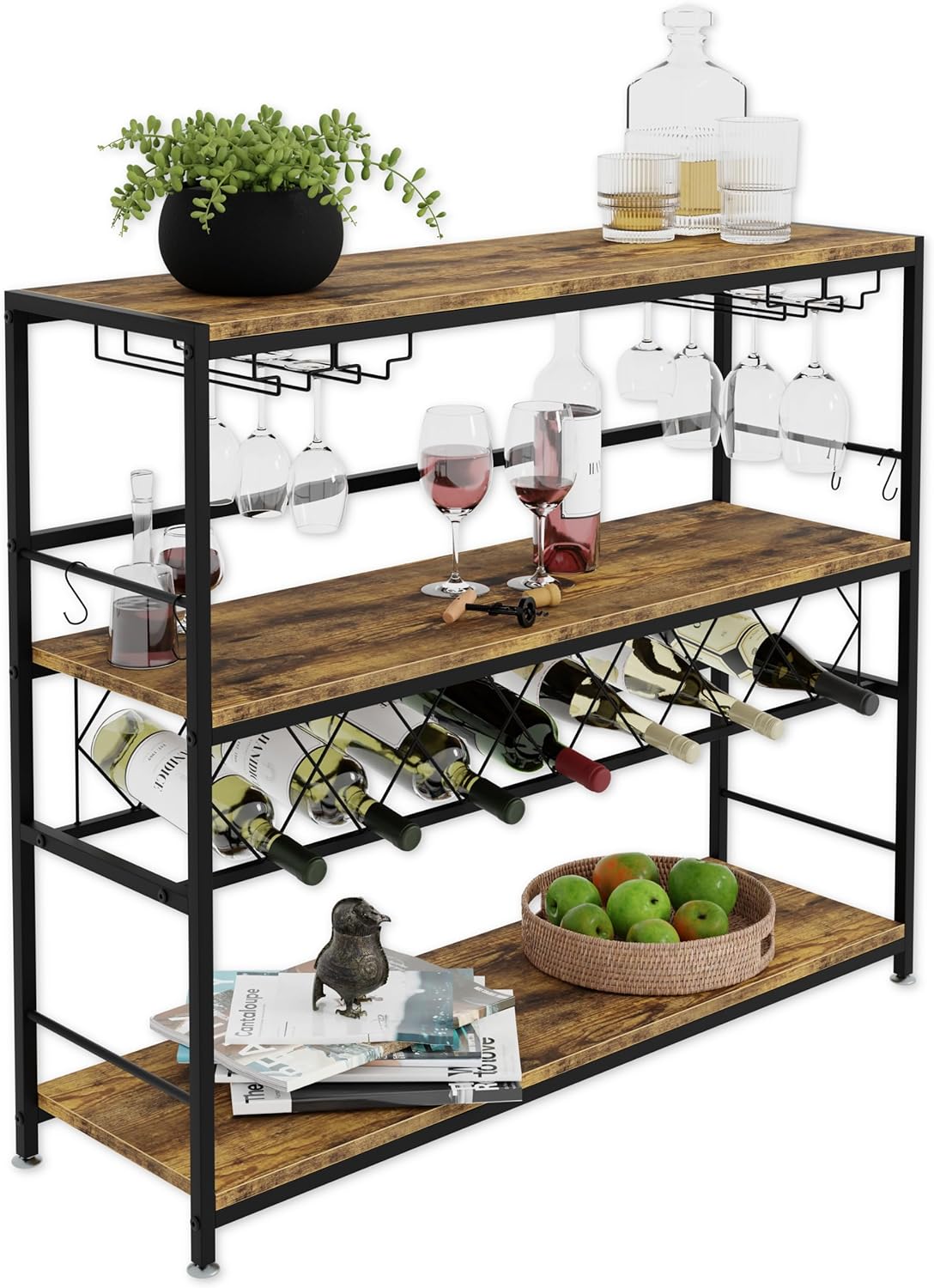 Freestanding Wine Rack with Glass Holder - 4 Tier Metal and Wood