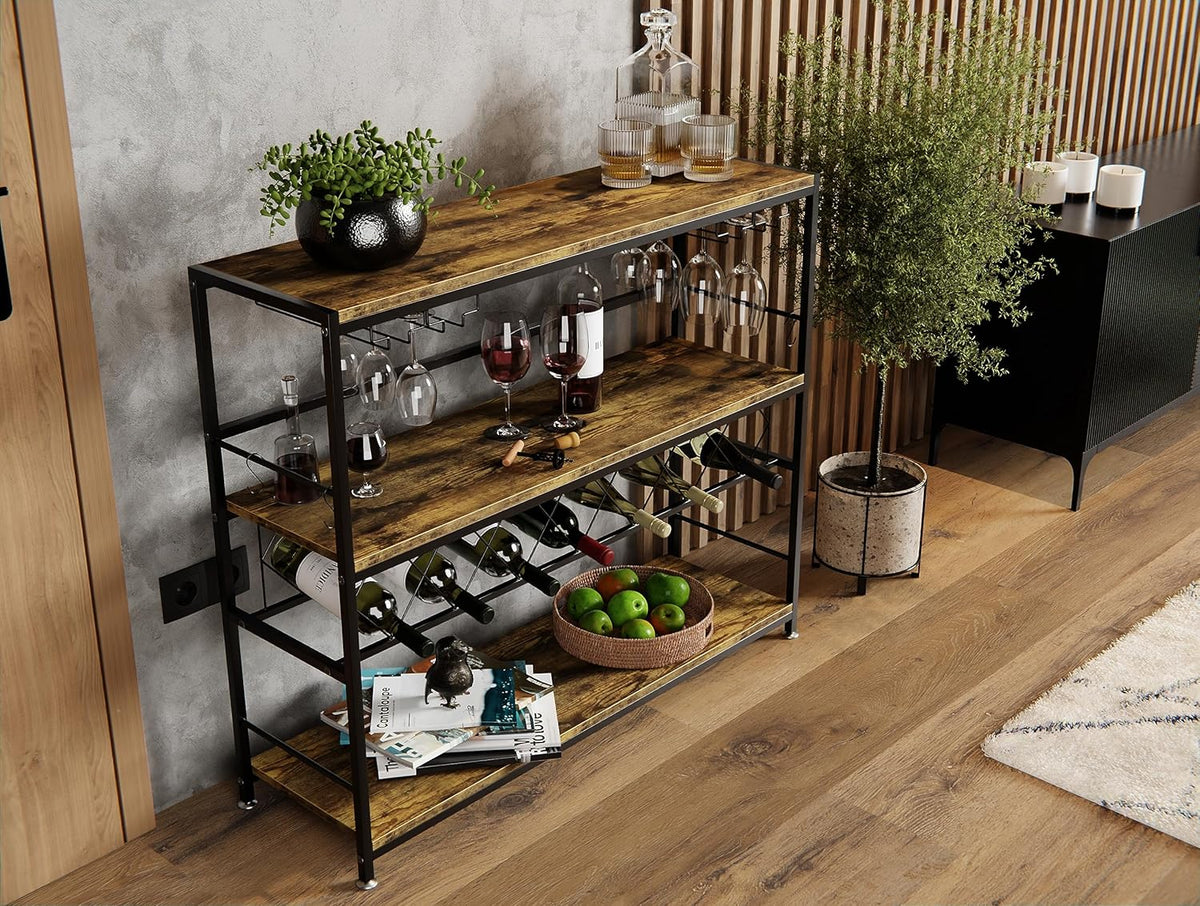 Freestanding Wine Rack with Glass Holder - 4 Tier Metal and Wood