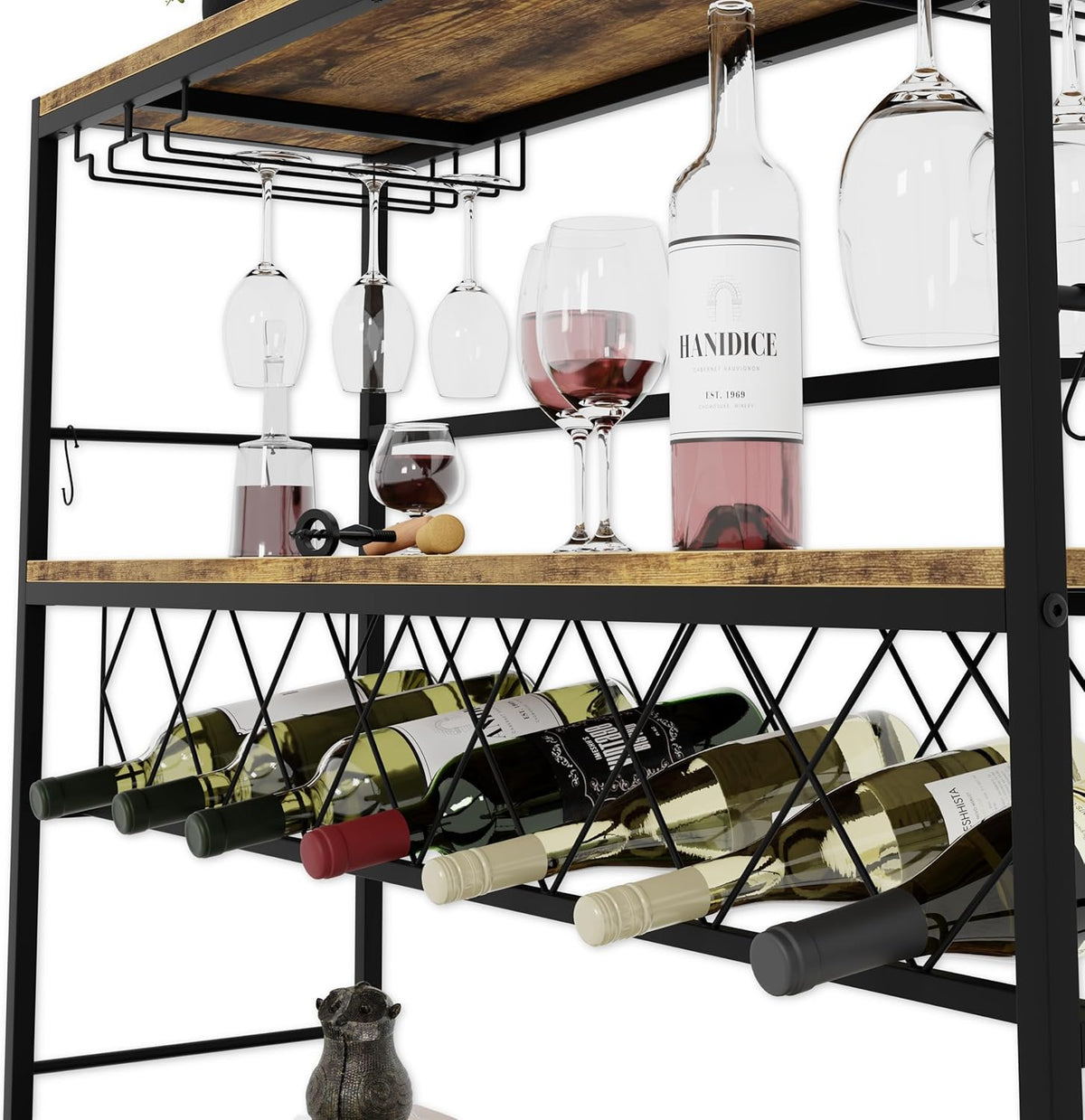 Freestanding Wine Rack with Glass Holder - 4 Tier Metal and Wood