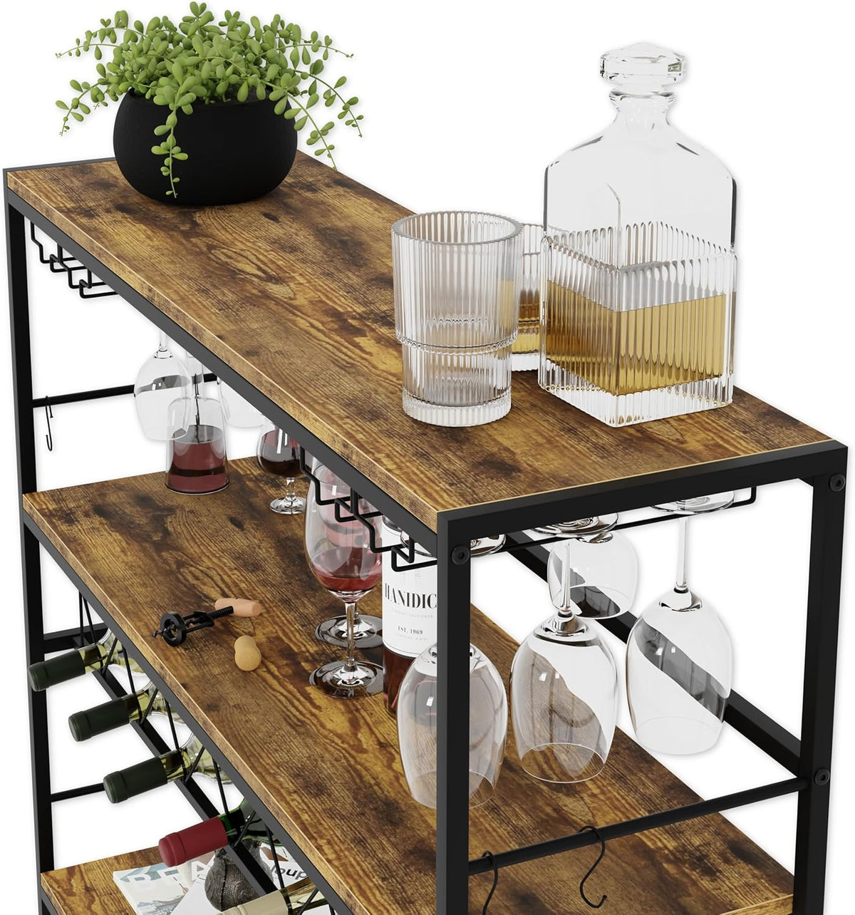 Freestanding Wine Rack with Glass Holder - 4 Tier Metal and Wood