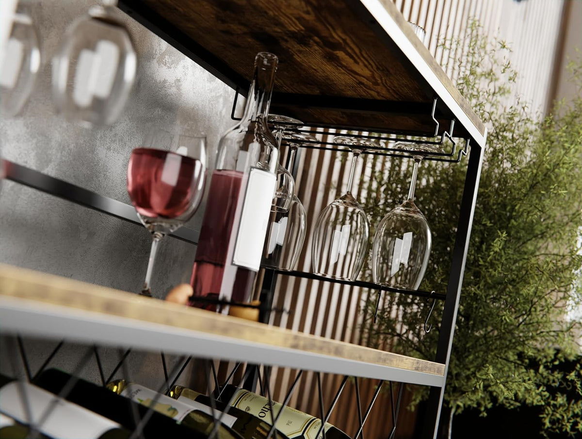 Freestanding Wine Rack with Glass Holder - 4 Tier Metal and Wood