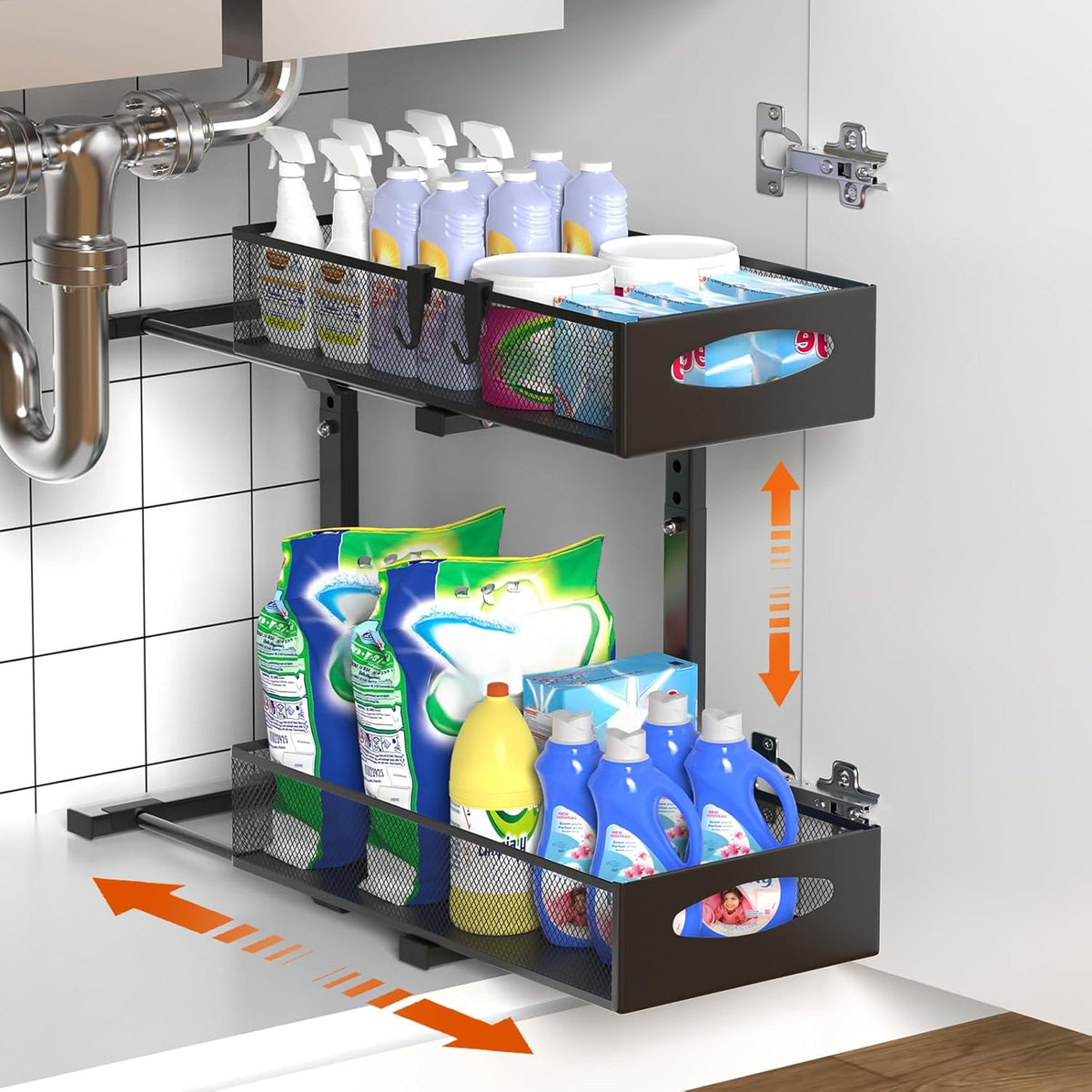 2 Tier Under Sink Organiser - Pull Out Sliding Shelf with Adjustable Height
