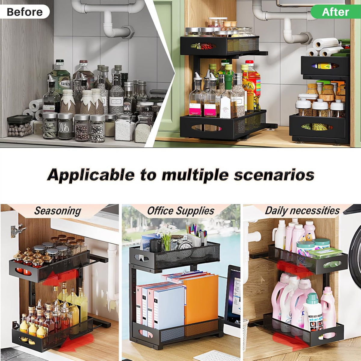 2 Tier Under Sink Organiser - Pull Out Sliding Shelf with Adjustable Height