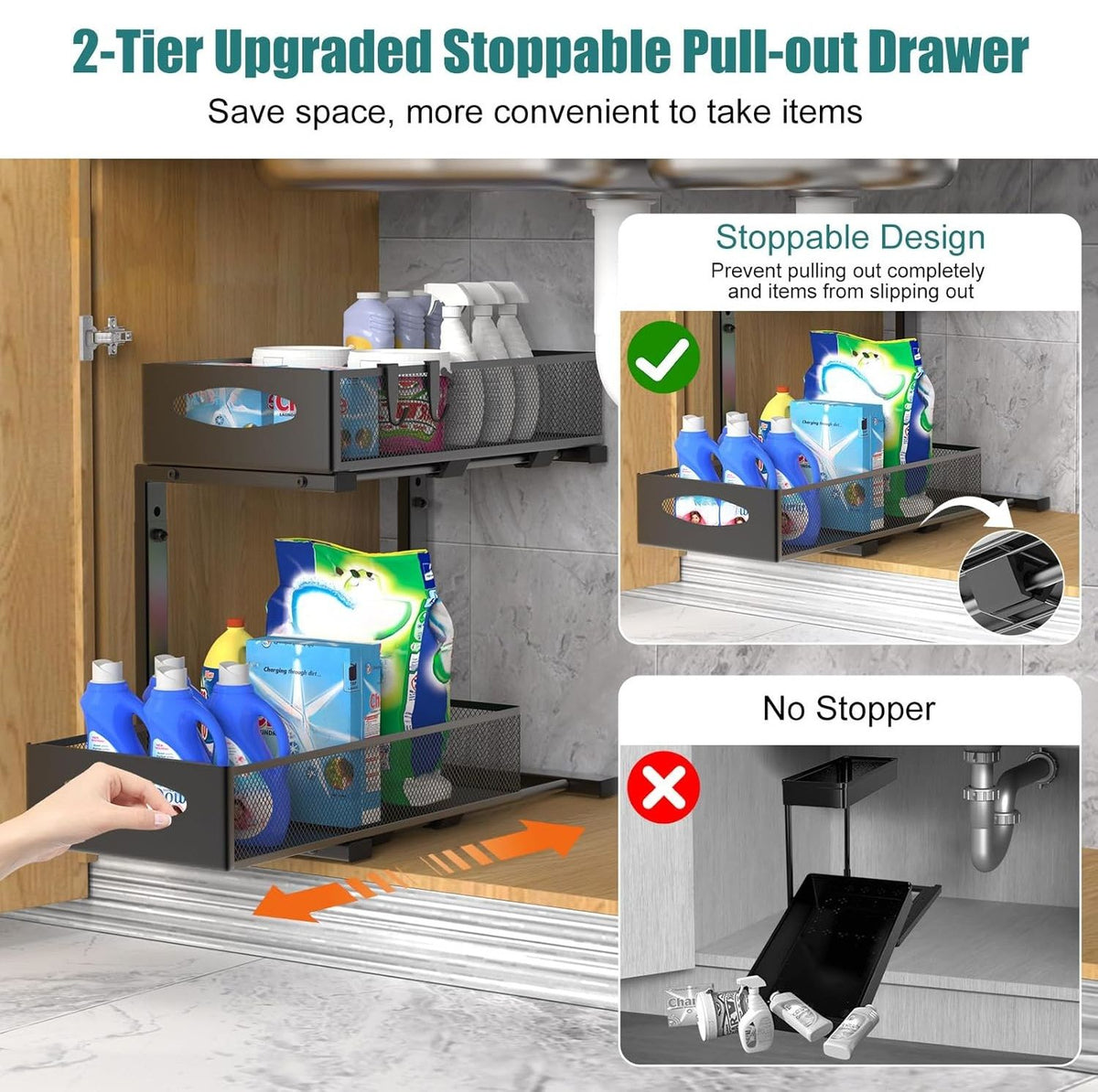 2 Tier Under Sink Organiser - Pull Out Sliding Shelf with Adjustable Height