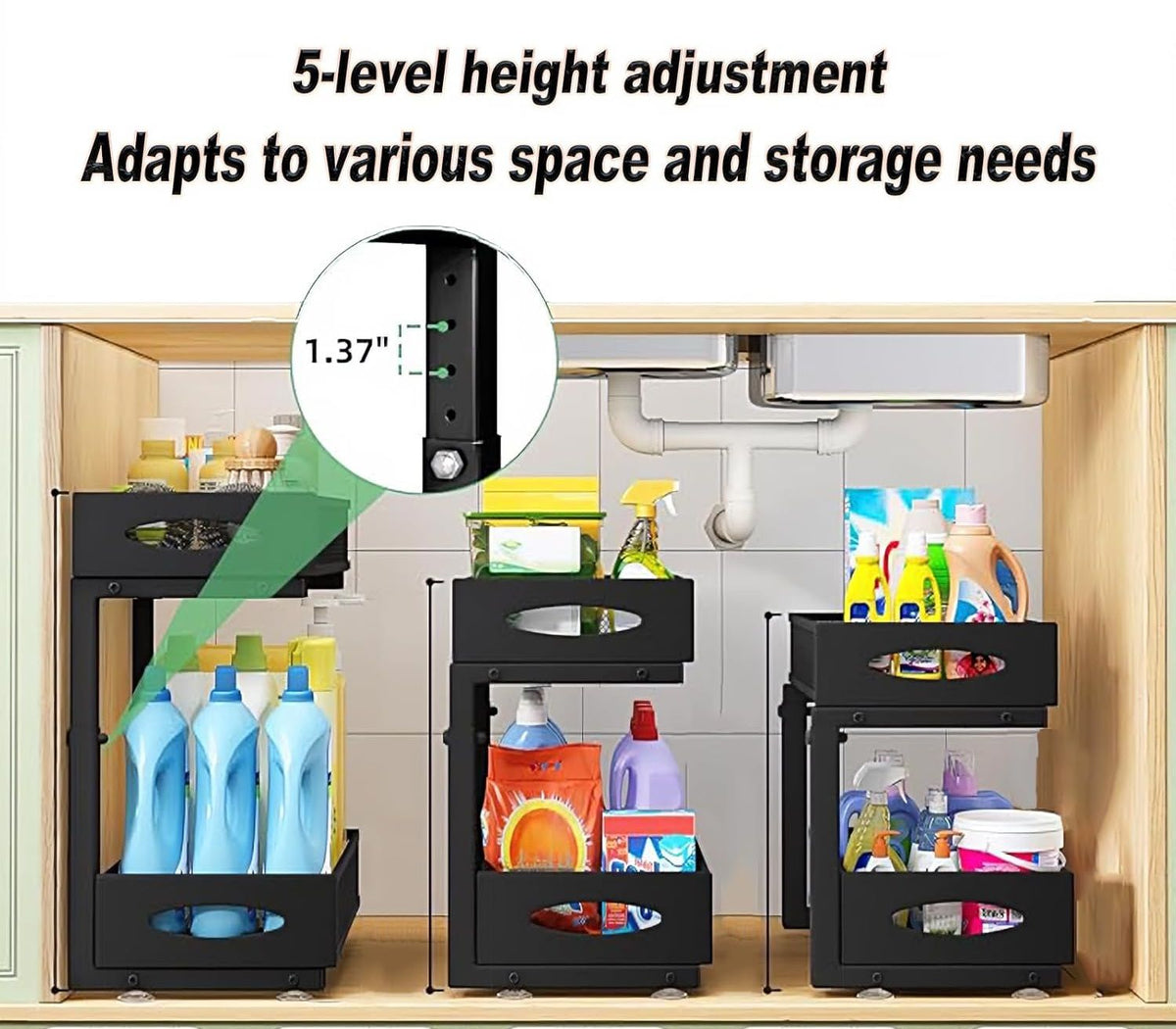 2 Tier Under Sink Organiser - Pull Out Sliding Shelf with Adjustable Height