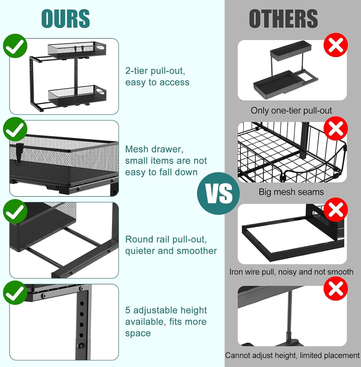 2 Tier Under Sink Organiser - Pull Out Sliding Shelf with Adjustable Height