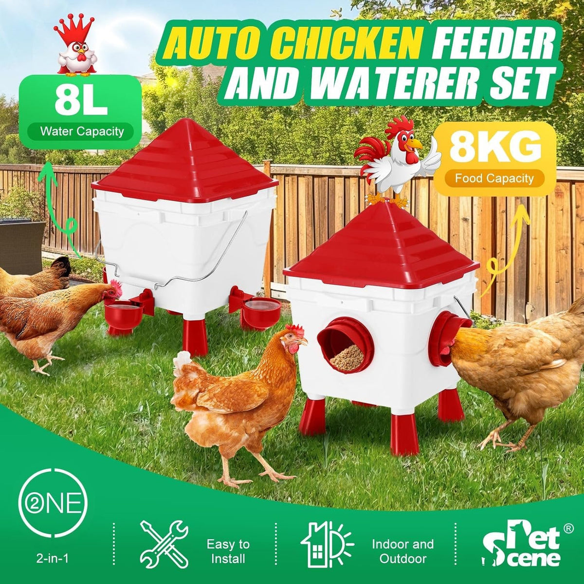 Automatic Chicken Feeder Waterer Set with 8KG Food & 8L Water