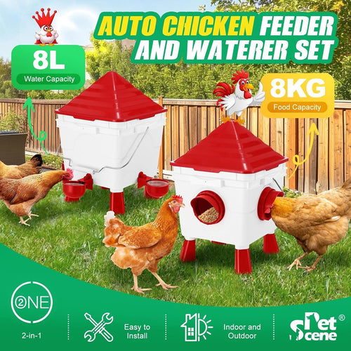 Automatic Chicken Feeder Waterer Set with 8KG Food & 8L Water