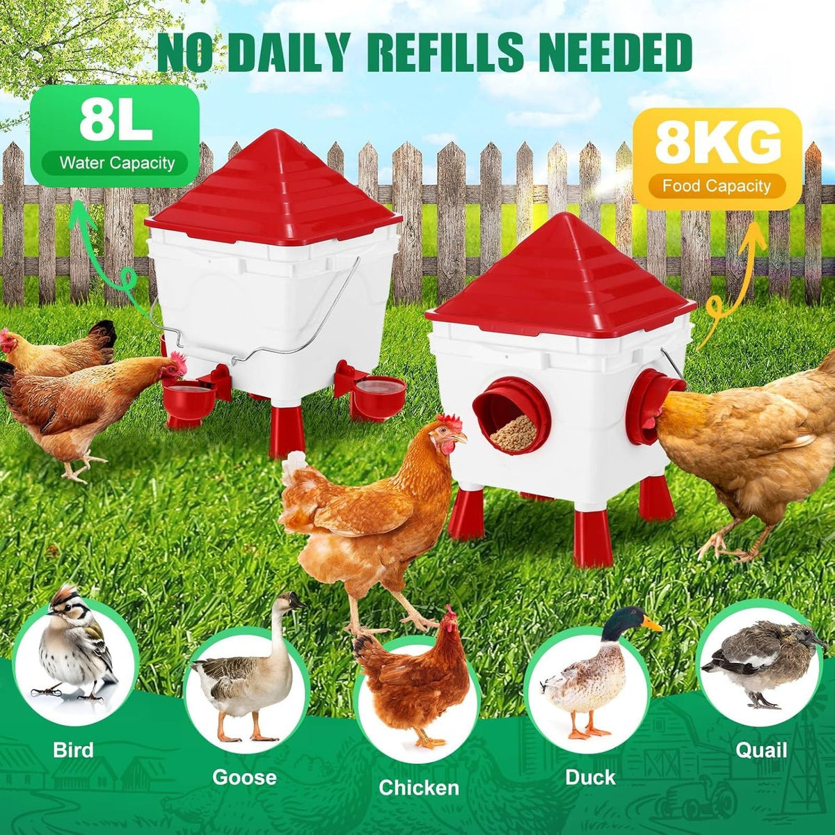 Automatic Chicken Feeder Waterer Set with 8KG Food & 8L Water
