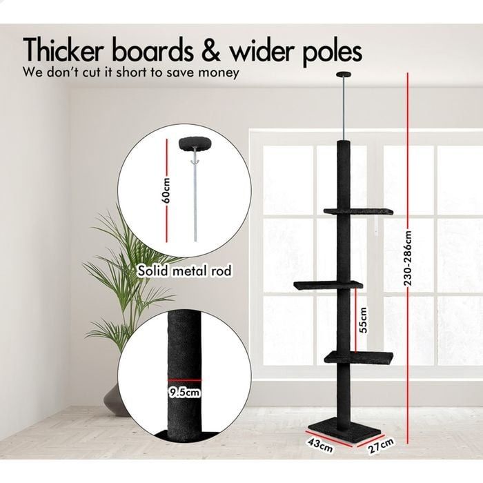 Floor to Ceiling Cat Tree Tower Adjustable 230 - 286cm Black