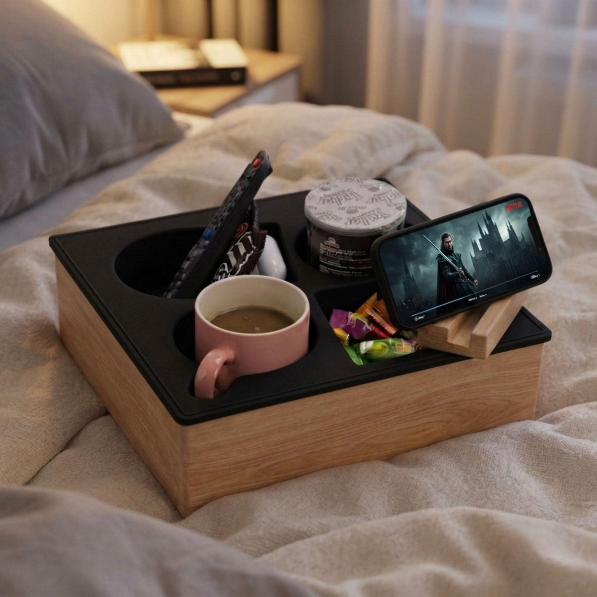 Wooden Couch Cup Holder Tray for Living Room