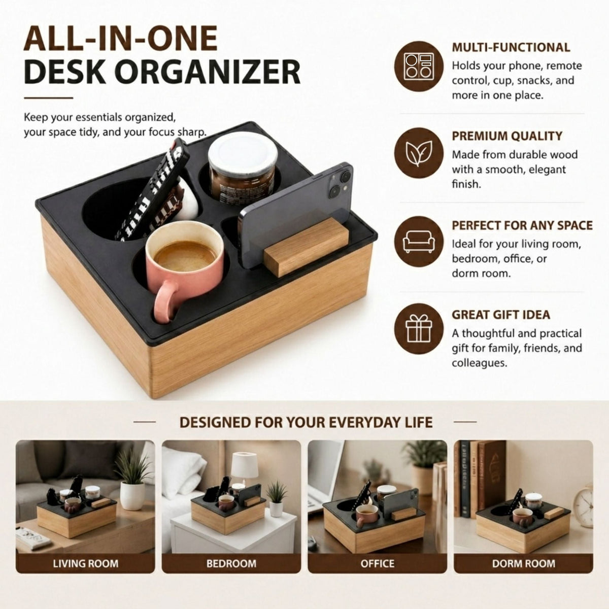 Wooden Couch Cup Holder Tray for Living Room