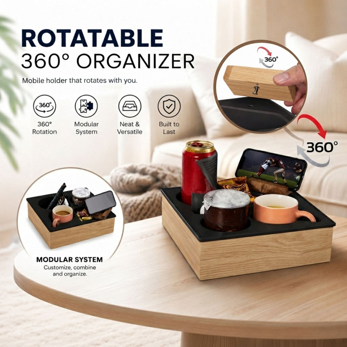 Wooden Couch Cup Holder Tray for Living Room